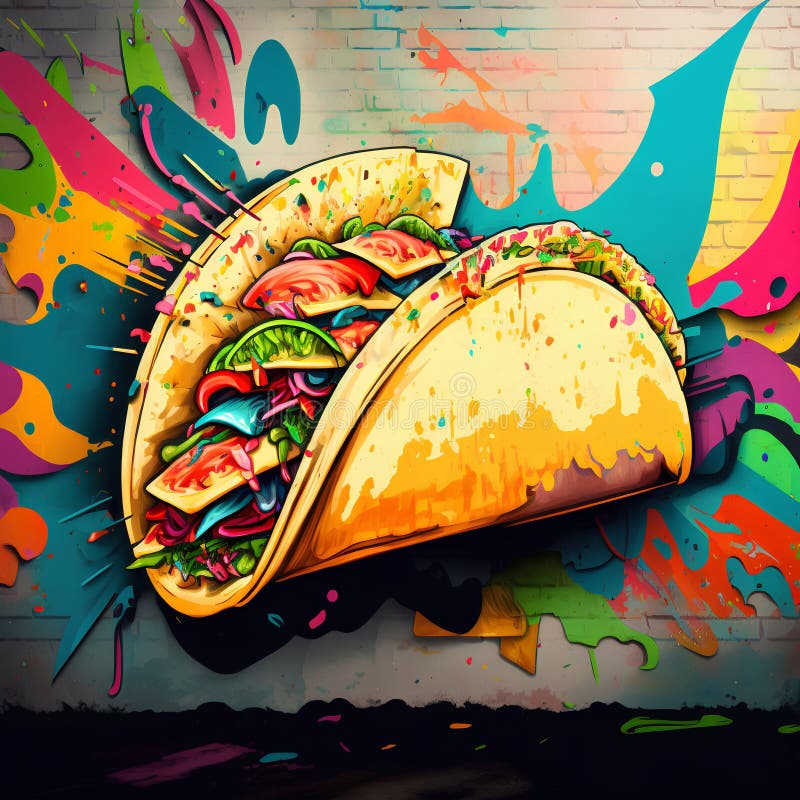 Colorata illustrazione di alimenti veloci. taco con verdure e carne sui graffiti illustrazione vettoriale