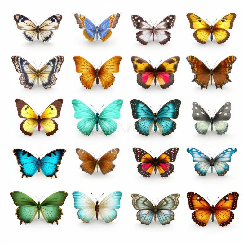 Colorate farfalle iperrealistiche impostate sfondo trasparente 3d realistico illustrazione di stock