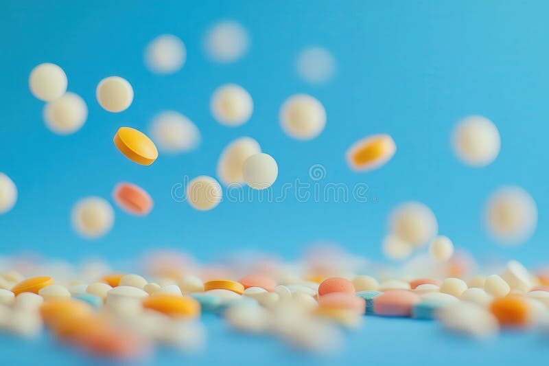 Colorazioni e capsule colorate associate sullo sfondo blu con spazio Bokeh e Copy royalty illustrazione gratis