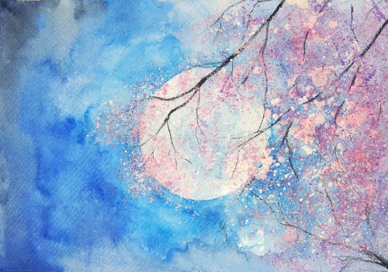 Colore acquatico luna piena e paesaggio dell'albero rosa