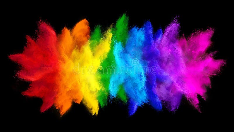 Colorful rainbow holi paint color big  double powder explosion isolated on dark black wide panorama background. peace rgb beautiful party concept. Colorful rainbow holi paint color big  double powder explosion isolated on dark black wide panorama background. peace rgb beautiful party concept