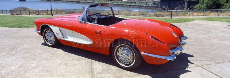 Restored red 1959 Corvette, side view, Portland, Oregon. Restored red 1959 Corvette, side view, Portland, Oregon