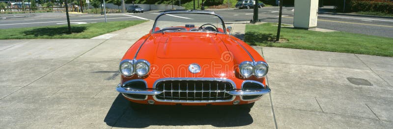 Restored red 1959 Corvette, front view, Portland, Oregon. Restored red 1959 Corvette, front view, Portland, Oregon