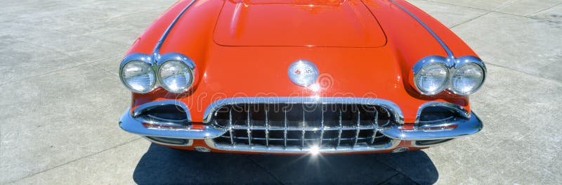 Restored red 1959 Corvette, front close-up, Portland, Oregon. Restored red 1959 Corvette, front close-up, Portland, Oregon