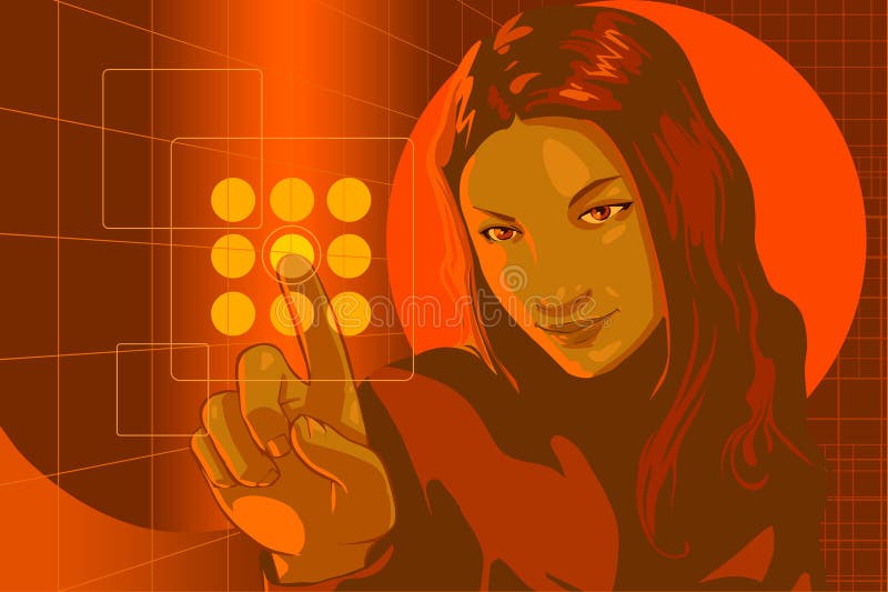 Vector clip art of a cute girl in formal clothes and focused but smiling facial expression, pushing virtual touch screen access button in virtual security room. Vector clip art of a cute girl in formal clothes and focused but smiling facial expression, pushing virtual touch screen access button in virtual security room