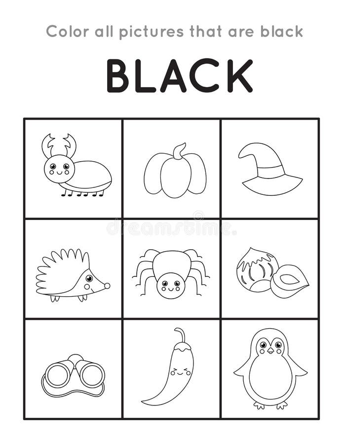 Colorear Todos Los Objetos Negros. Aprender Colores Básicos Para Los Niños.  Ilustración del Vector - Ilustración de binocular, colorante: 239267021