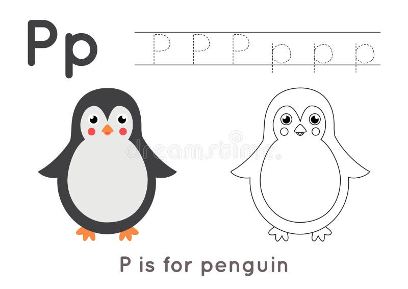  Colorear Y Rastrear La Página Con La Letra P Y El Lindo Pingüino De Dibujos Animados Ilustración del Vector