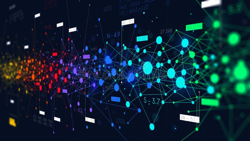 Colored abstract information networks, financial analytics big data, futuristic visualization, monitor screen in perspective vector illustration