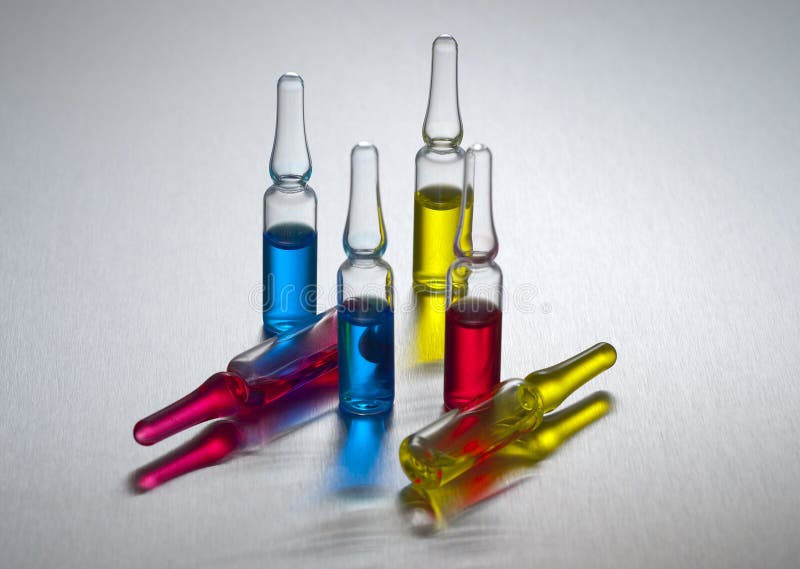 Colored ampules on steel stock image. Image of medicament 13072303