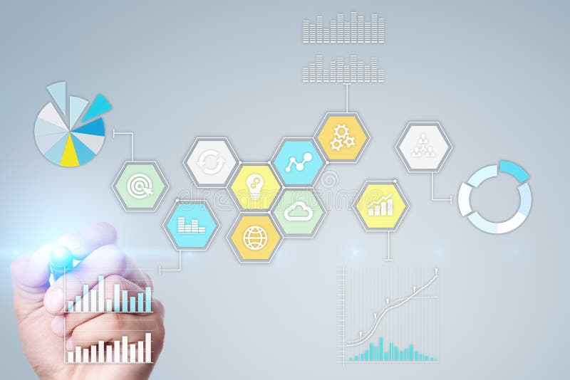 Colored applications icons and graphs on virtual screen. Business, internet and technology concept. stock image