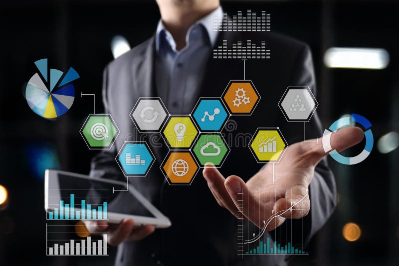 Colored applications icons and graphs on virtual screen. Business, internet and technology concept. royalty free stock images