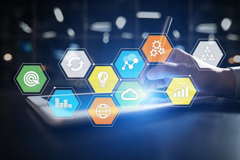Colored applications icons and graphs on virtual screen. Business, internet and technology concept. royalty free stock image