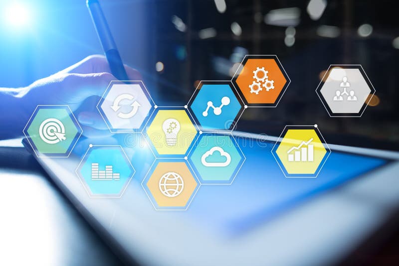 Colored applications icons and graphs on virtual screen. Business, internet and technology concept. royalty free stock photo
