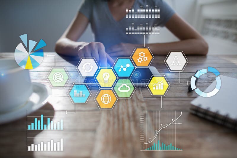 Colored applications icons and graphs on virtual screen. Business, internet and technology concept. royalty free stock photo