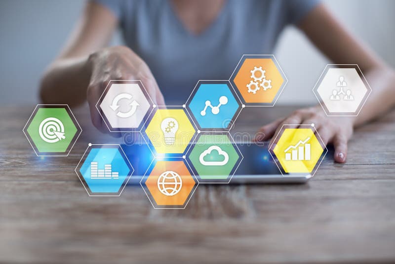 Colored applications icons and graphs on virtual screen. Business, internet and technology concept. royalty free stock photography