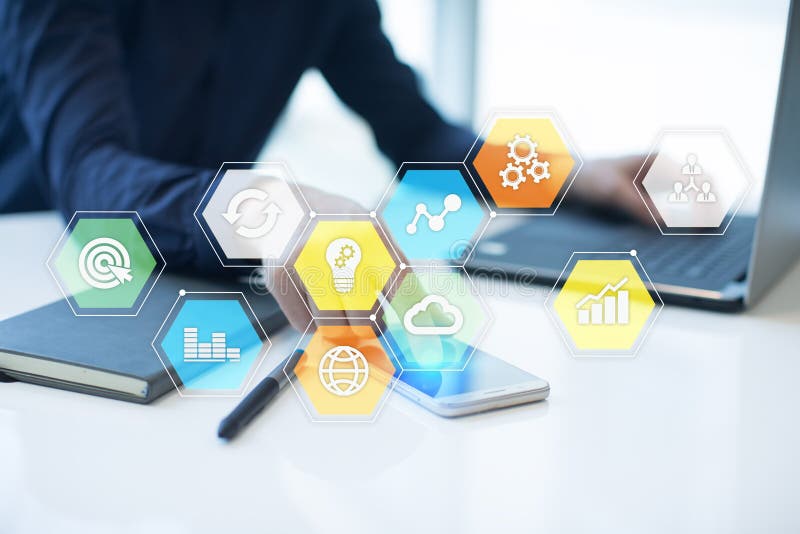 Colored applications icons and graphs on virtual screen. Business, internet and technology concept. stock images