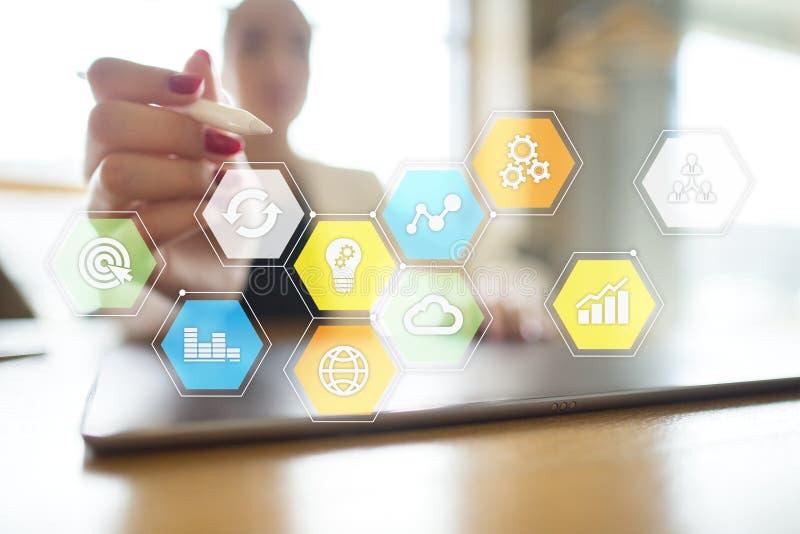 Colored applications icons and graphs on virtual screen. Business, internet and technology concept. stock photo