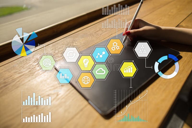 Colored applications icons and graphs on virtual screen. Business, internet and technology concept. royalty free stock photo