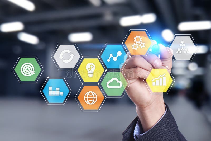 Colored applications icons and graphs on virtual screen. Business, internet and technology concept. royalty free stock images