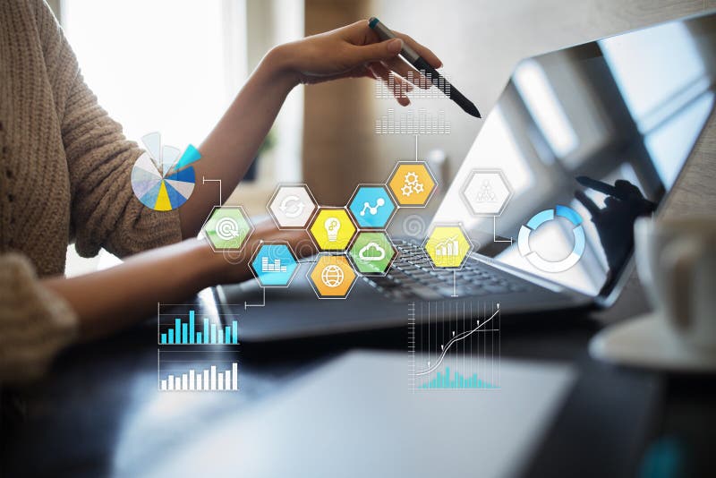 Colored applications icons and graphs on virtual screen. Business, internet and technology concept. stock photography
