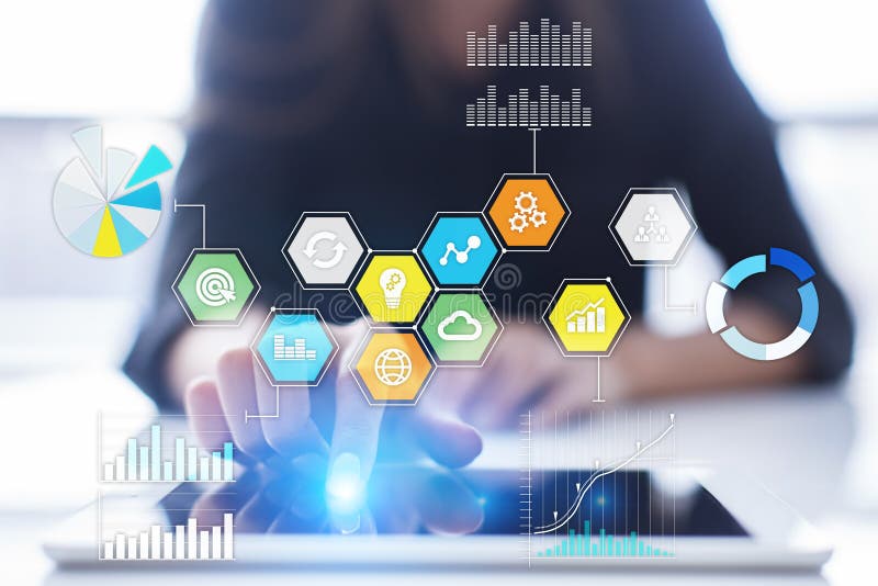 Colored applications icons and graphs on virtual screen. Business, internet and technology concept. stock photo