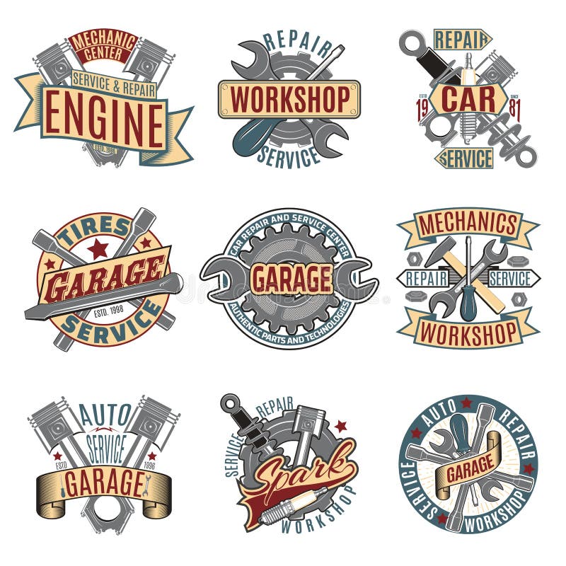 Colored Auto Repair Shops Badge Template. Car Service Label, Emblem ...