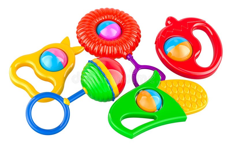 Colored Baby Rattles, Newborn Infant Baby Toys. 3D rendering royalty free illustration