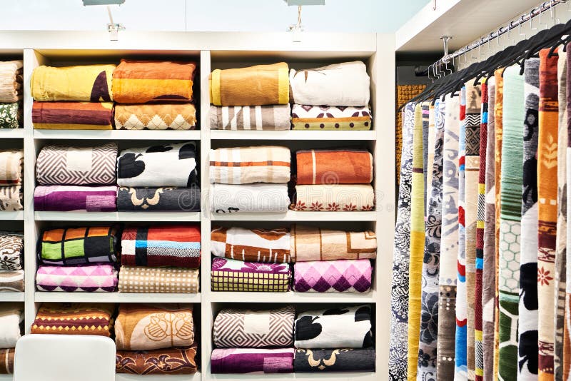 Colored Blankets and Fabrics in Store Stock Photo Image of business