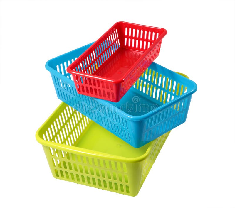 Colored boxes of different sizes, baskets for storage, three con