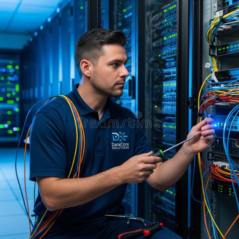 Colored cables are draped over his shoulder as he uses a screwdriver on a royalty free illustration