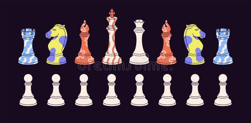 Set de caractere colorate. diferite figuri de șah. cavaler episcop Rook King Queen pion alb. inteligență stock illustration