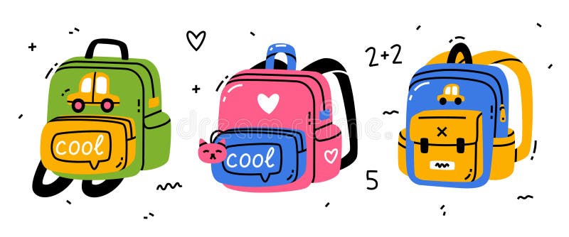 Colored Cool School Backpack with Shoulder Strap and Pocket Vector Set stock illustration