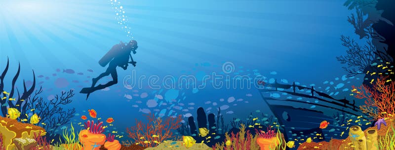 Colored coral reef with fish and diver royalty free illustration