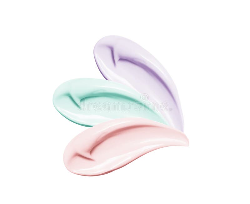 Colored cosmetic cream smears isolated on white background. Pink, purple, mint color beauty skin care product creamy texture royalty free stock photo
