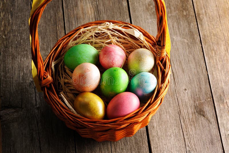 Colored Easter Eggs in Basket Stock Photo Image of spring, gold 29218586