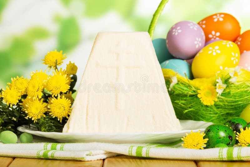 Colored Easter Eggs in Basket, Traditional Cheesecake Dessert, H Stock Image Image of bright