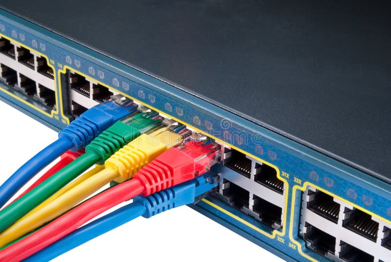 Colored Ethernet Network Cables and Switch stock image