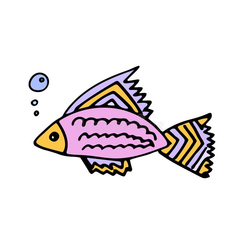 Colored Fish with Air Bubbles in Doodle Style. Design Elements. Stock