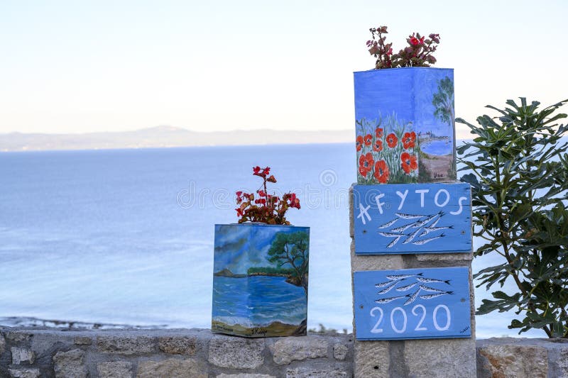 Colored Flower Vase in the Streets in Afitos, Halkidiki, Greece