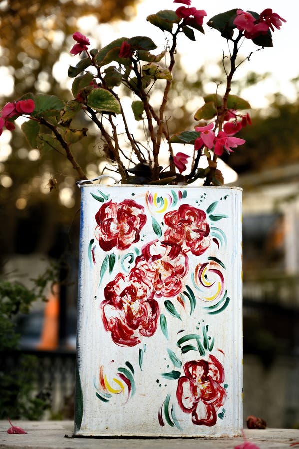 Colored Flower Vase in the Streets in Afitos, Halkidiki, Greece