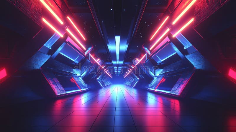 Colored geometric neon light background, abstract neon light background, empty space scene, spotlight, dark night stock illustration