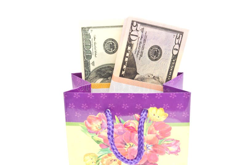 Colored gift bag with money closeup