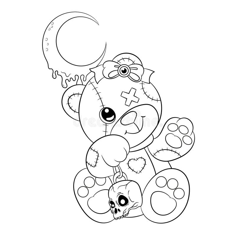Cute Creepy Kawaii Pastel Goth Teddy Bear Coloring Page Stock Vector