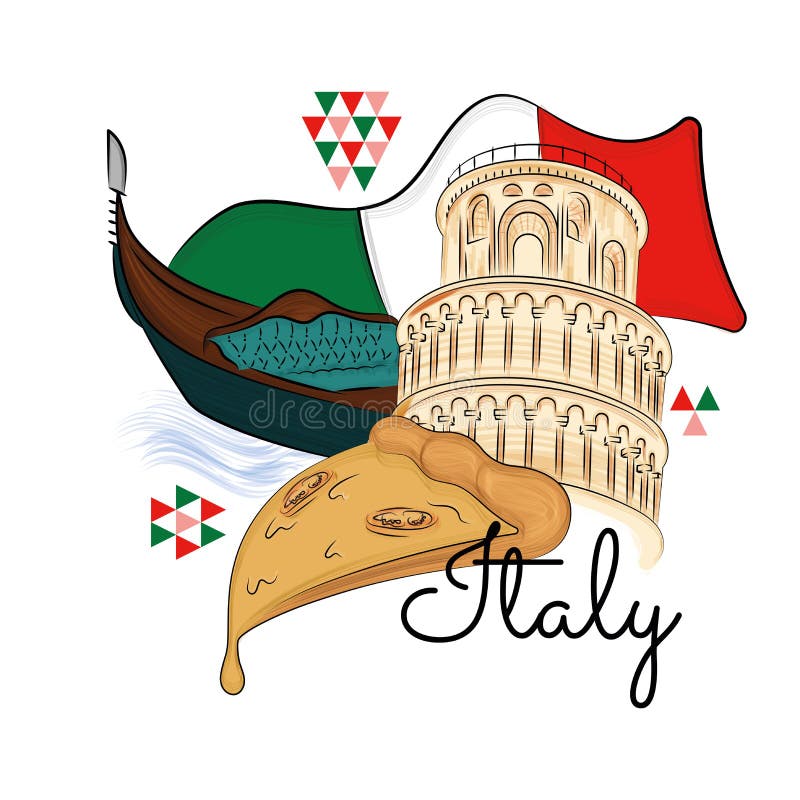 Colored Italy Travel Promotion with Pisa Tower and Pizza Vector Stock