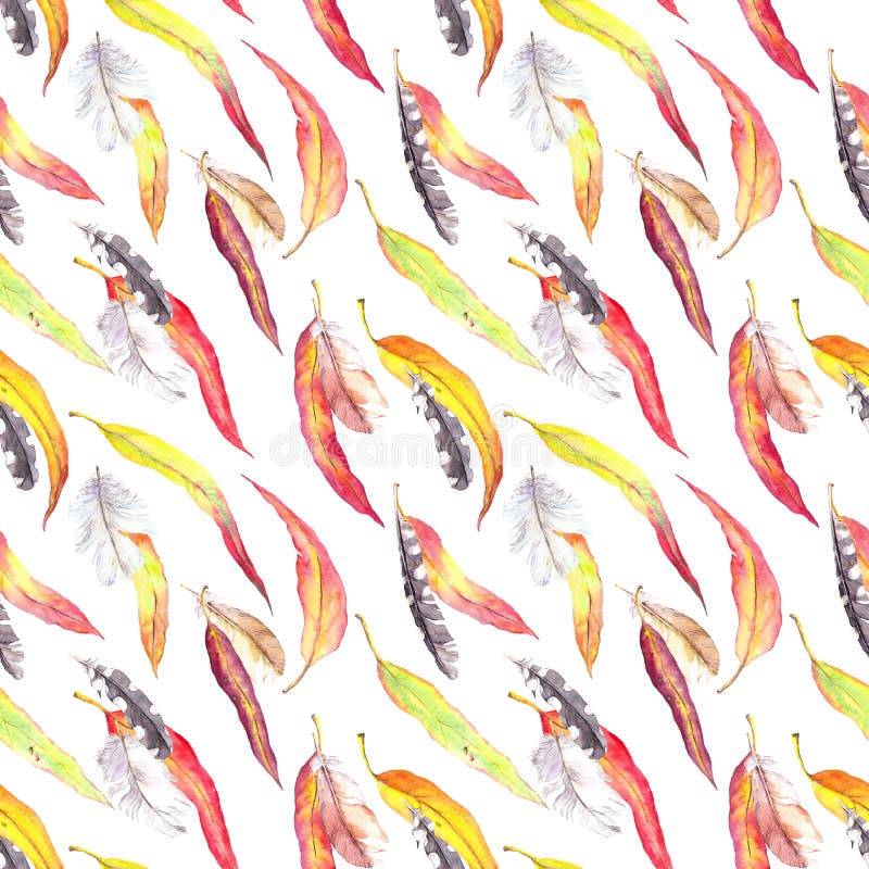 Colored leaves, feathers. Seamless autumn pattern. Watercolor - vintage style stock illustration Colored leaves, feathers. Seamless autumn pattern. Watercolor - vintage style stock illustration