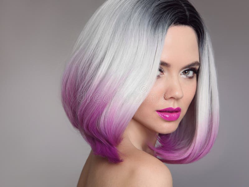 Colored Ombre Hair Extensions. Beauty Model Girl Blonde with Short Bob  Purple Hairstyle Isolated on Gray Background. Closeup Stock Photo - Image  of coiffure, gorgeous: 107951580