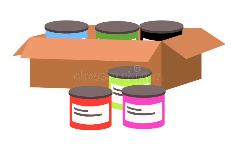 Colored paint jars in a cardboard box vector icon. Plastic container with multicolored liquids