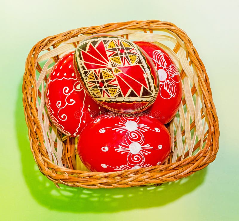 Colored Painted Romanian Traditional Easter Eggs in a Rustic (vintage