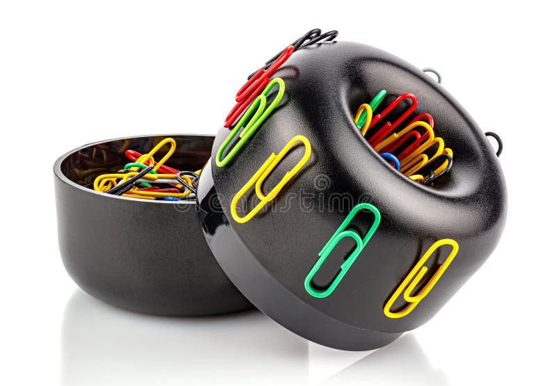 Colored Paper Clips in Opened Cylindrical Black Plastic Holder