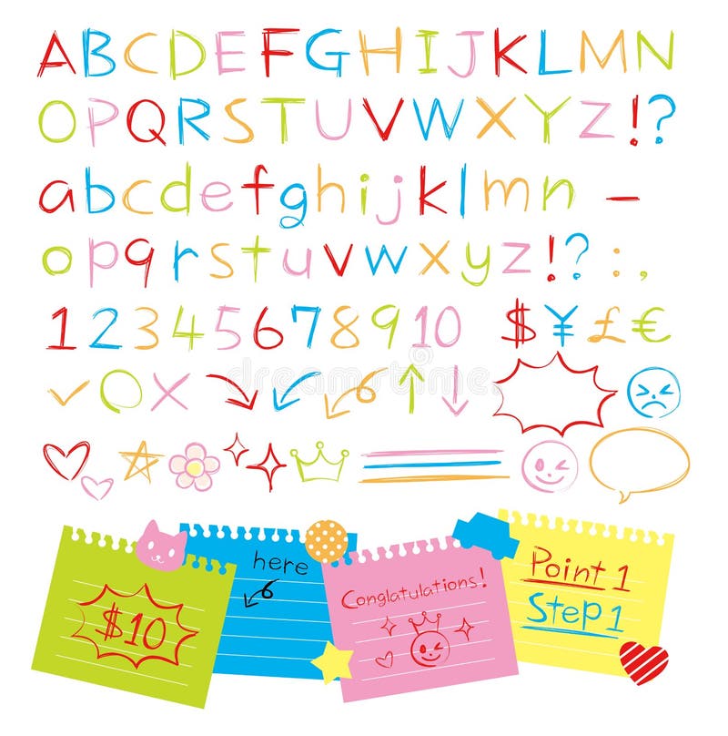 Colored pencil hand drawn style alphabets set